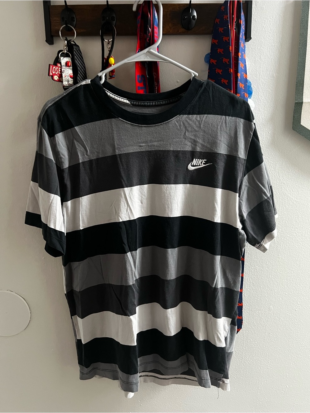 Nike Black, Gray & White Horizontal Stripe Crew Tee